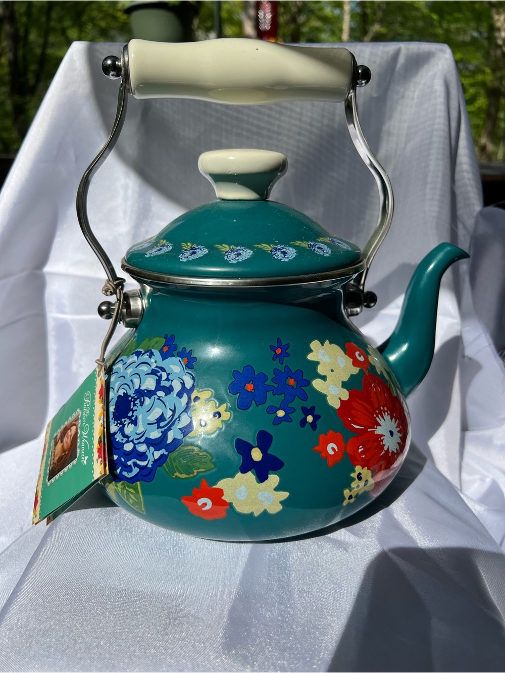 Pioneer Woman Dazzling Dahlias Floral Teal Enamel Tea Kettle with Cream Handle